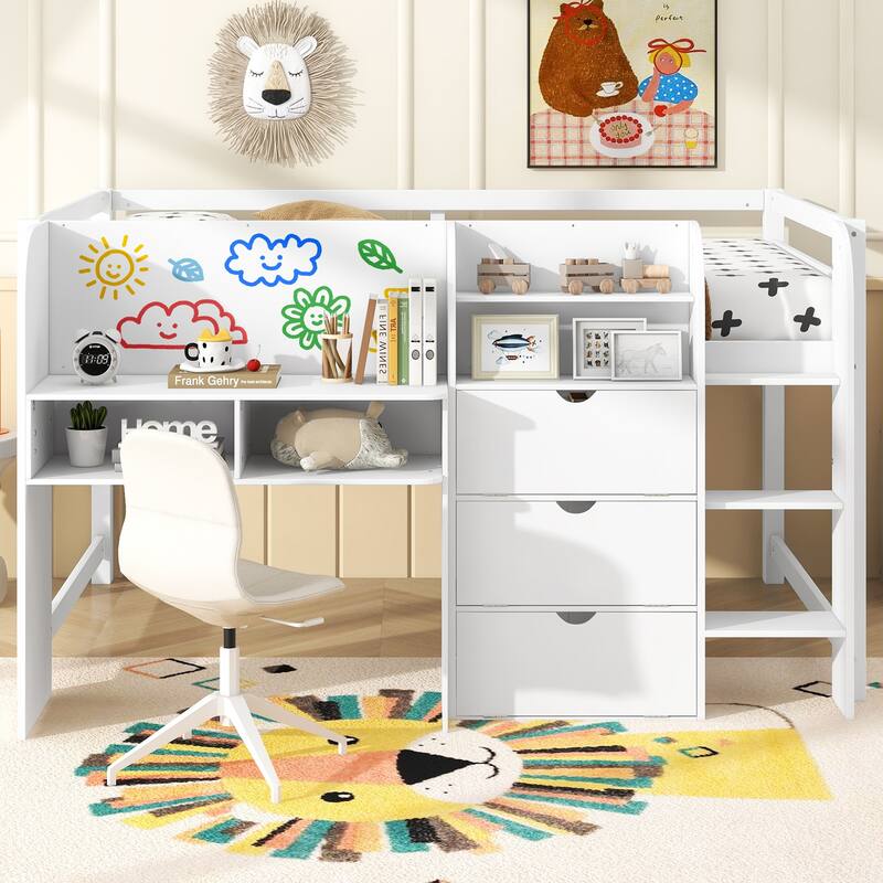 Full Size Low Loft Bed with Storage, Desk, Bookcase, and Graffiti Whiteboard for Kids