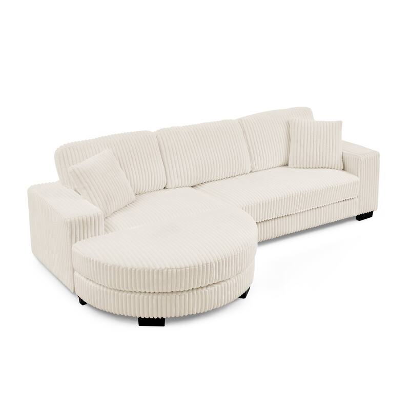 Corduroy Tufted Upholstered Sofa, L-Shaped Modular Sectional Sofa, Convertible Sleeper Sofa with Curved Ottoman