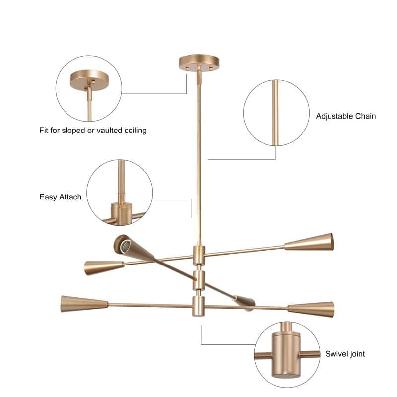 6-light Mid-century Modern Sputnik Chandelier Gold 31'' Adjustable for Kitchen Island - Rose Gold - D31" x H72.5"