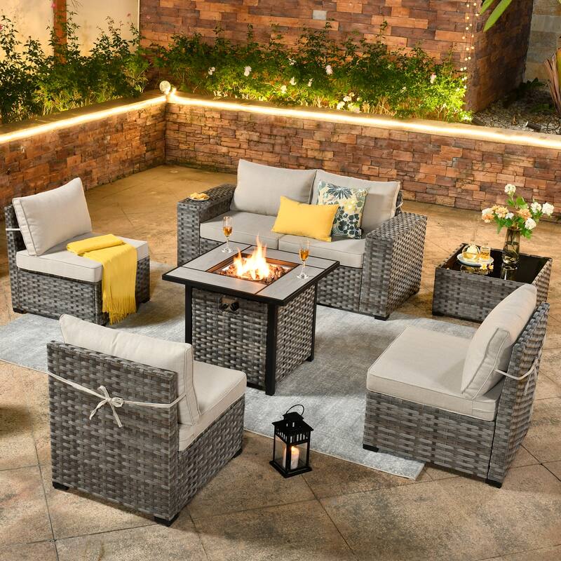 OVIOS Patio Wicker Furniture Wide Arm 7-piece Fire Pit Set with Table - Beige