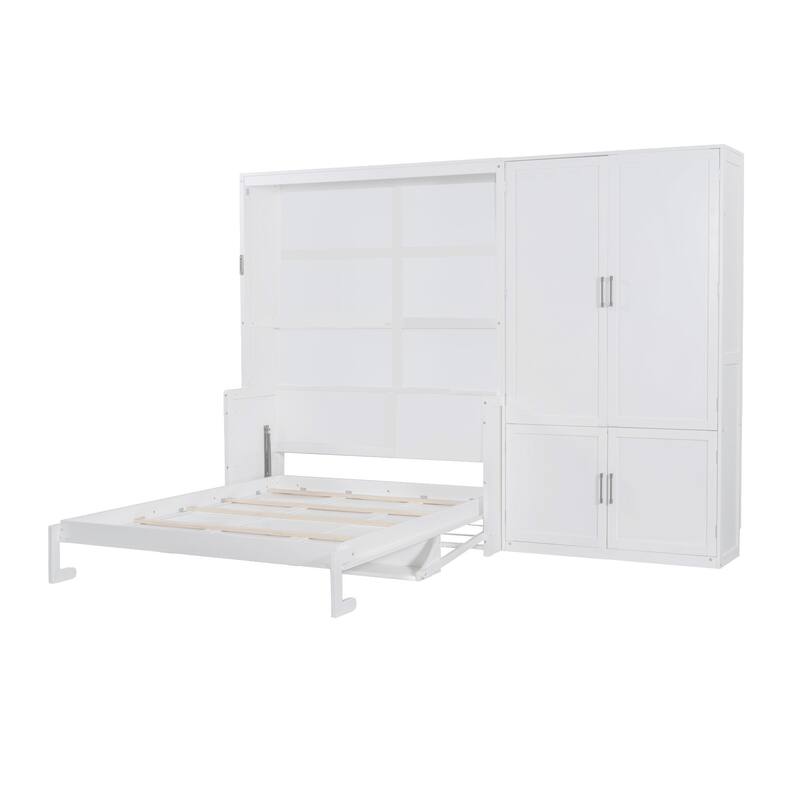 Roomfitters Queen Size Murphy Bed with Closet, Hydraulic Lift Wall Bed with Storage Cabinet, White