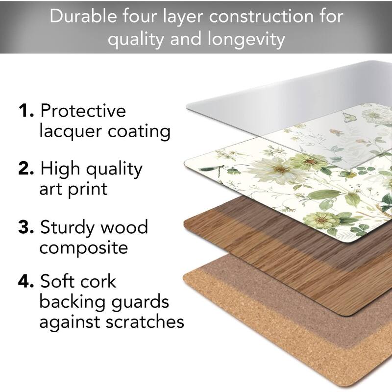 Green Fields Premium Decorative Hardboard Cork Back Tabletop Placemats 4 Pack Manufactured in The USA Heat Tolerant