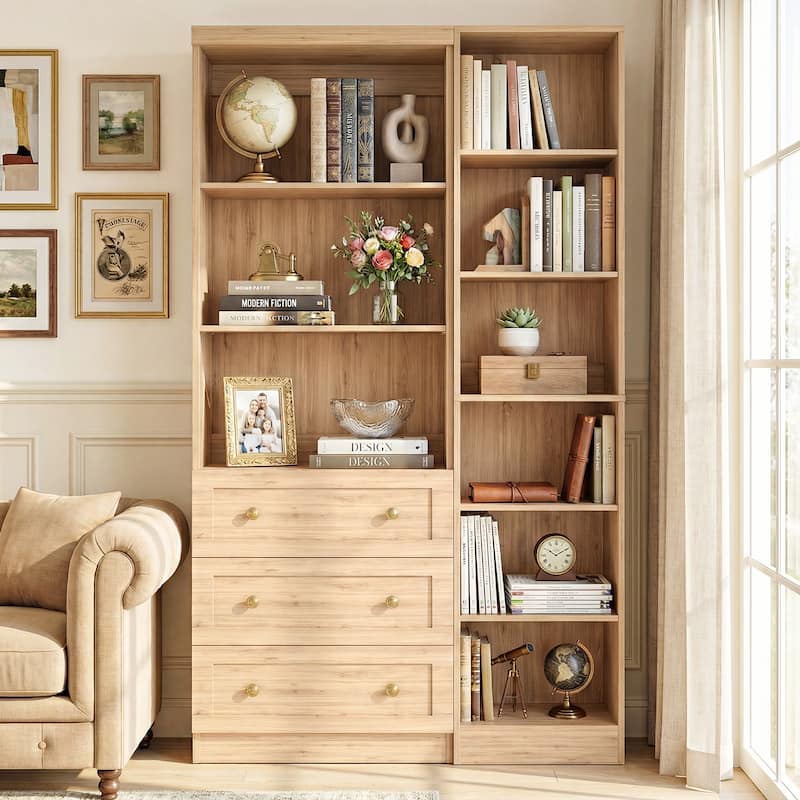 80" Tall Display Bookcase with Drawers and Adjustable Shelves, Modern Bookshelf Storage Cabinet for Living Room, Home Office,