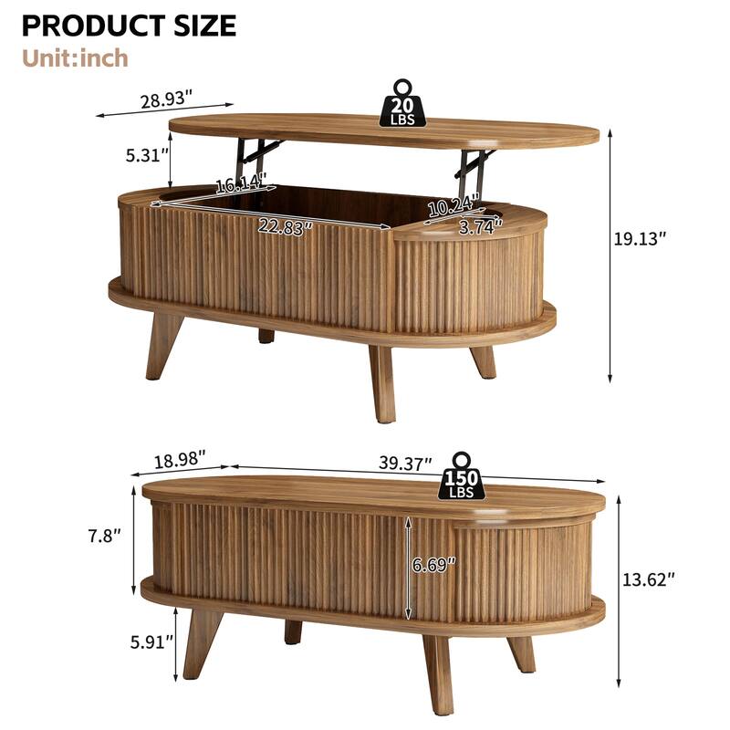 Fluted Lift Top Coffee Table with Hidden Compartment, Wooden Center Table, Modern Oval Lift Tabletop for Home Living Room