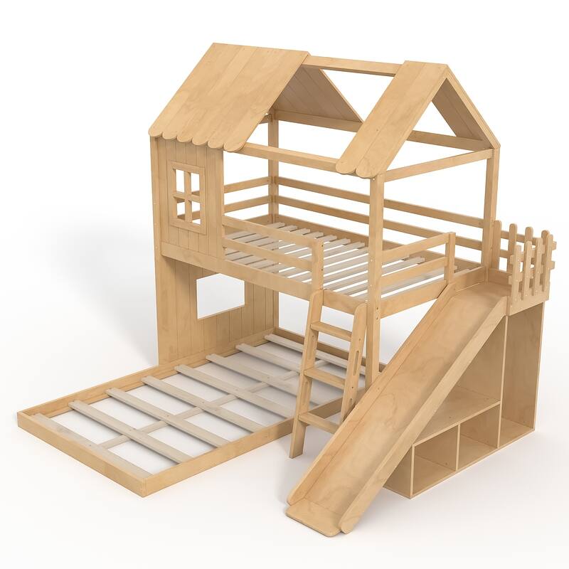 Twin over Full House Bunk Bed with Ladders and Slides, House Floor Bunk Bed with Storage Shelves and Wardrobe