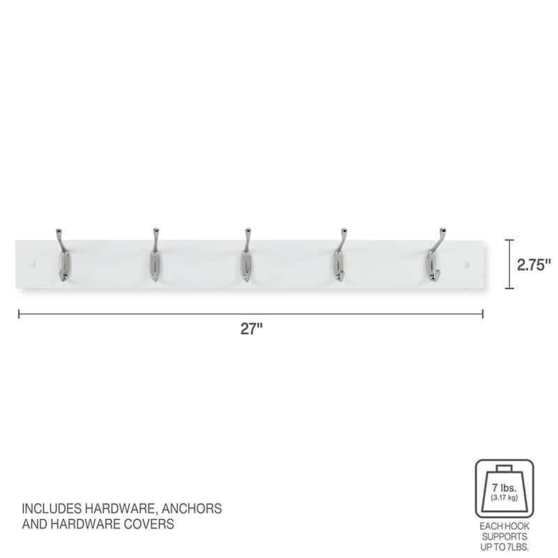 Melannco Wall Mounted Coat Rack with 5 Metal Hooks, 27X4 Inch, White