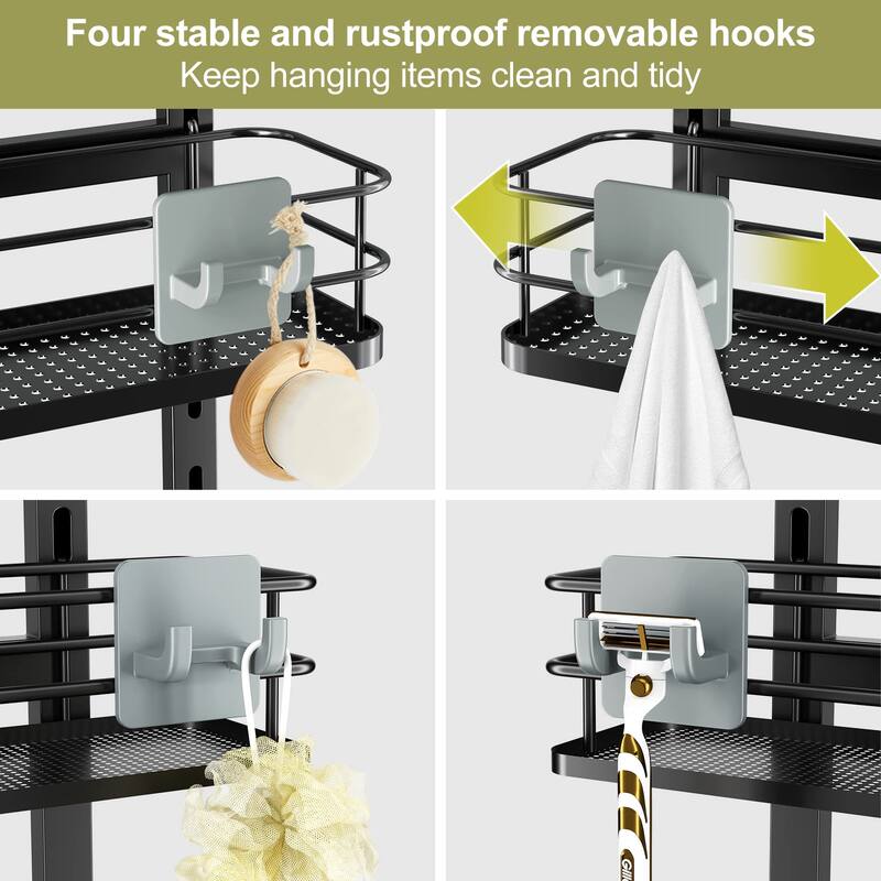 Adjustable Hanging Over the Shower Door Caddy,Bathroom Organizer Shelf Storage with 4 Hooks for Razor - Black-4 Pack