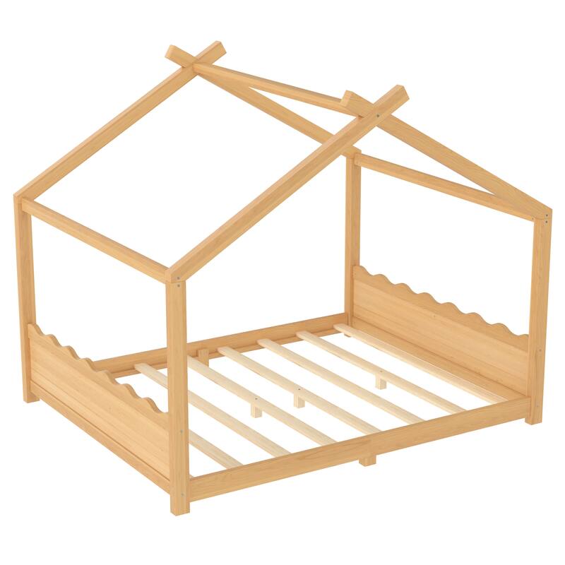 Roomfitters House Floor Bed with Support Slats, Solid Wood Open Frame Design