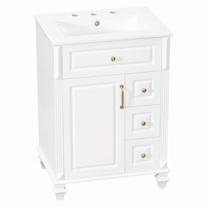 24" Bathroom Vanity with Sink, Freestanding Vanity Cabinet with Flip-Out Drawer, 3 Drawers, Ceramic Top
