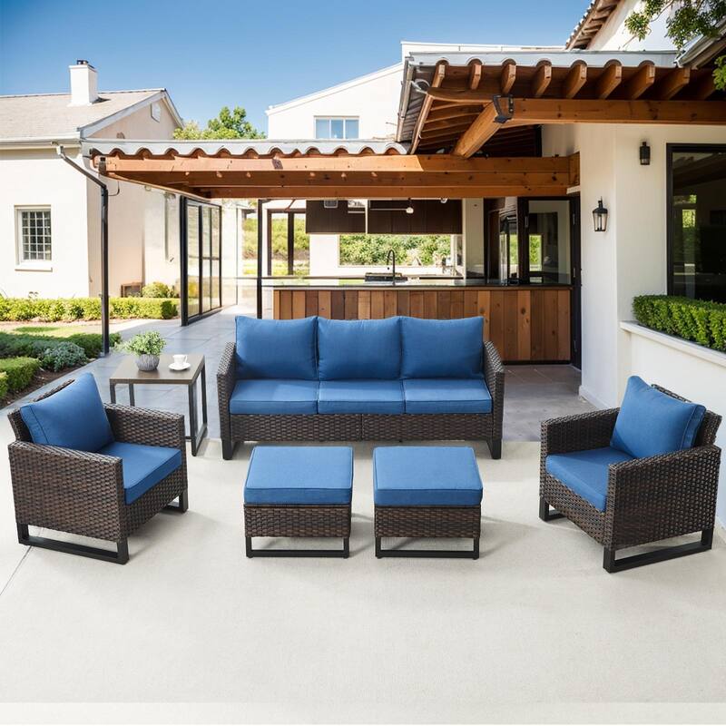 6 Piece 3-Seat Sofa Chair Table Set - Blue - Brown