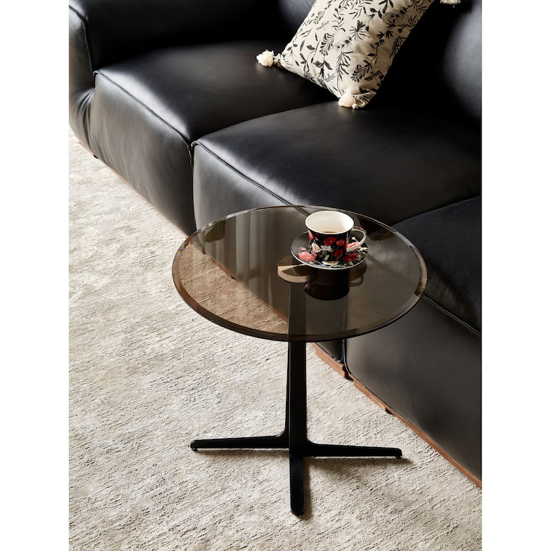 End Table Glass Top Side/End Drink Table - Tall Round Accent Metal Nightstand Furniture - 19.69" - brown blass/Matte Black