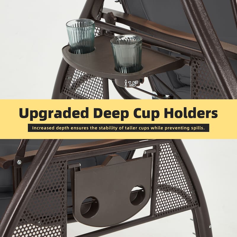 3-Seat Patio Swing with Adjustable Canopy, 750lbs Heavy Duty, Convertible Outdoor Bed, All-Weather, Cup Holders & Thick Cushions