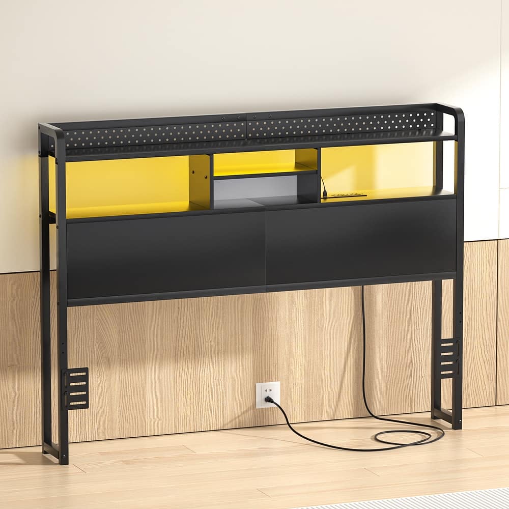 Bed Headboard with Storage Shelf and Charge Station, Height Adjustable Headboard with LED Light