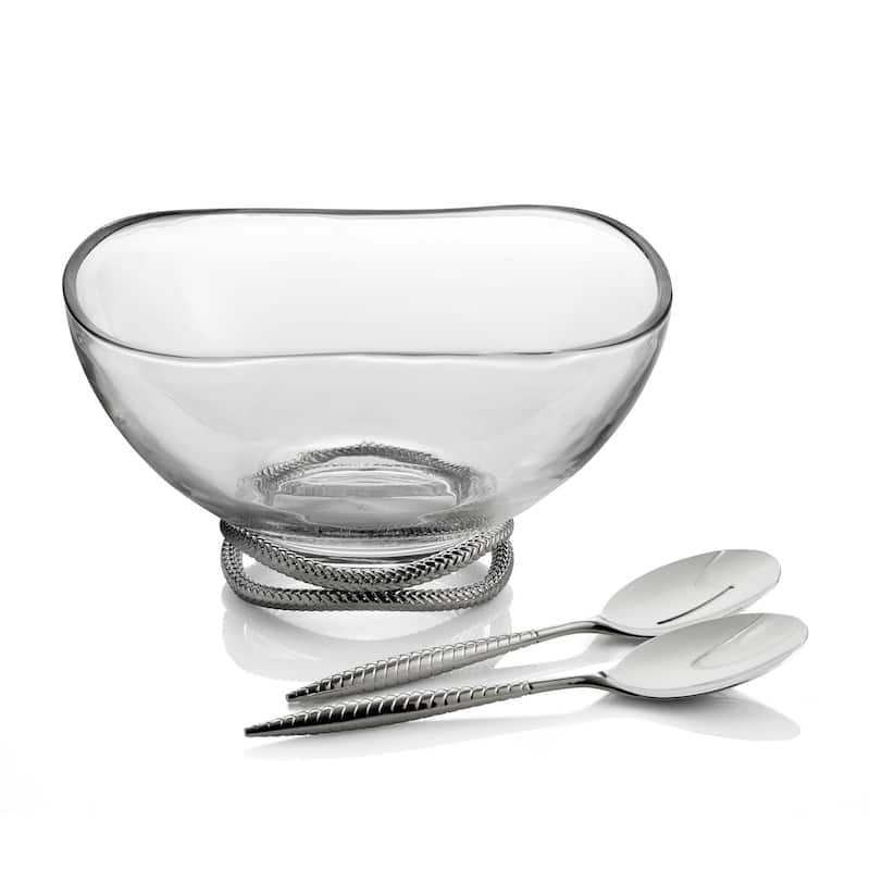 Nambe Braid Glass Salad Bowl with Servers - Bowl: 12"D x 6"H; Servers: 10.5"L x 2.5"W - Clear and Silver - 3 Piece