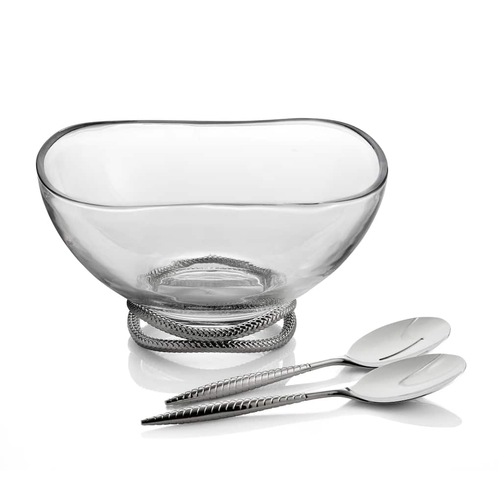 Nambe Braid Glass Salad Bowl with Servers - Bowl: 12"D x 6"H; Servers: 10.5"L x 2.5"W