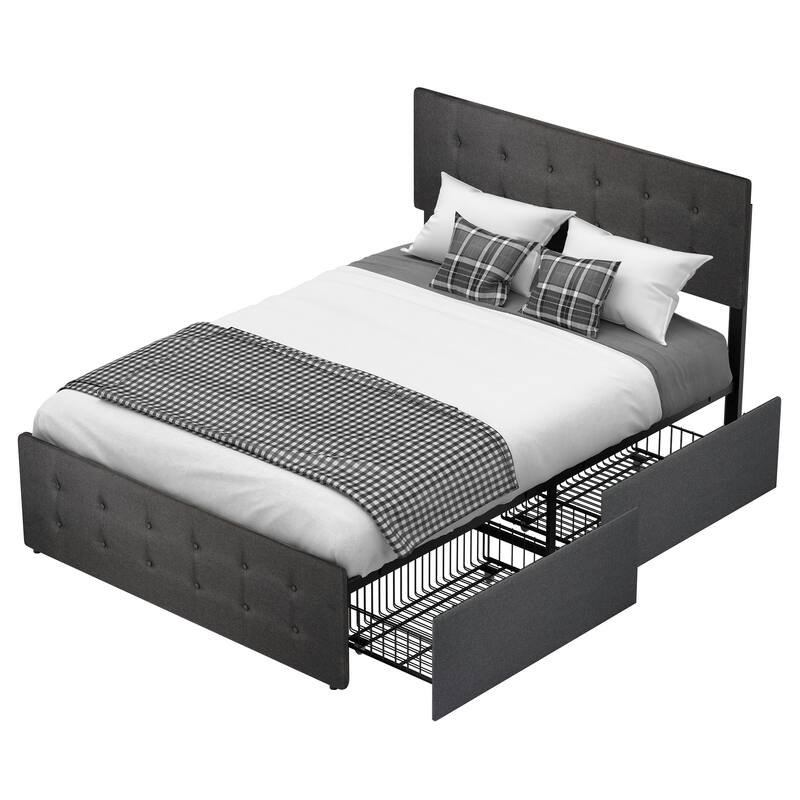 Bed Framewith 4 Storage Drawers and Adjustable Lined Headboard