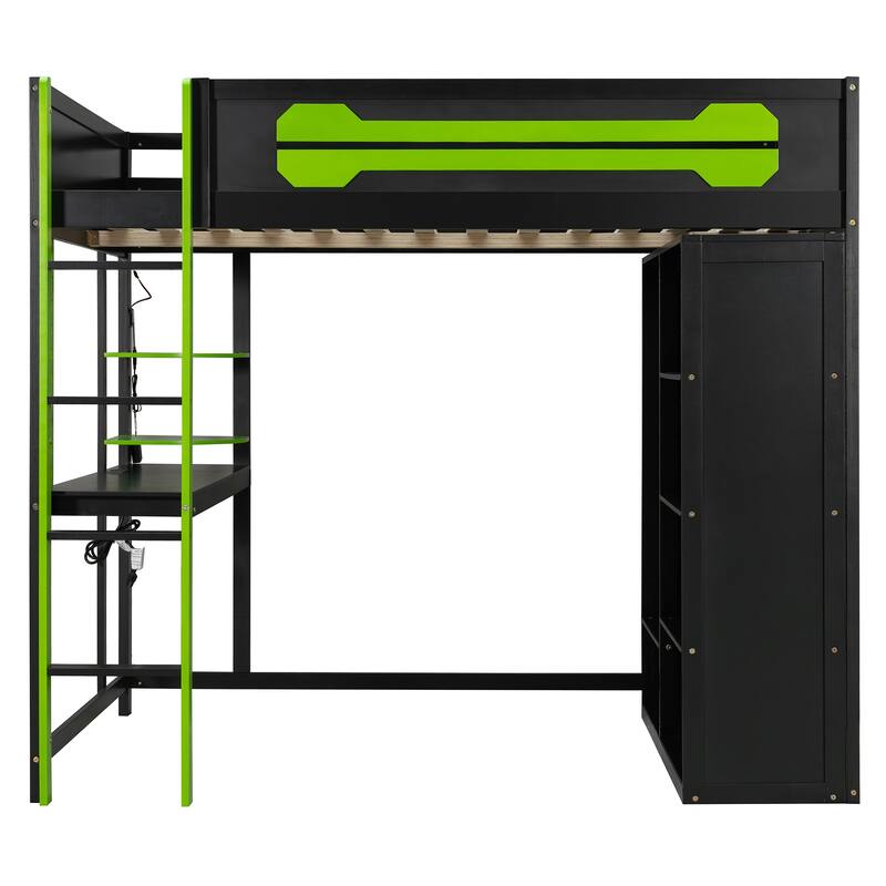 Full Size Gaming Loft Bed with Desk & Wardrobe, Wooden Storage Bed with RGB LED Lighting, Charging Station