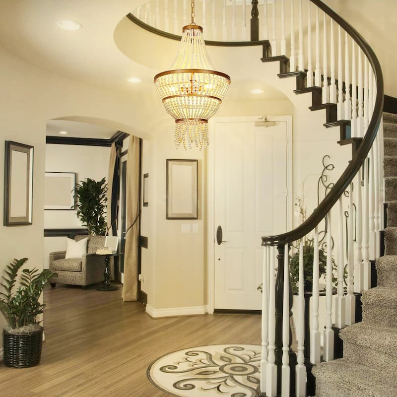 Renia Empire Glam 4-tier Beads Coastal Chandelier 3-light Gold/ Beige Dining Room Lights Stairwell Living Room
