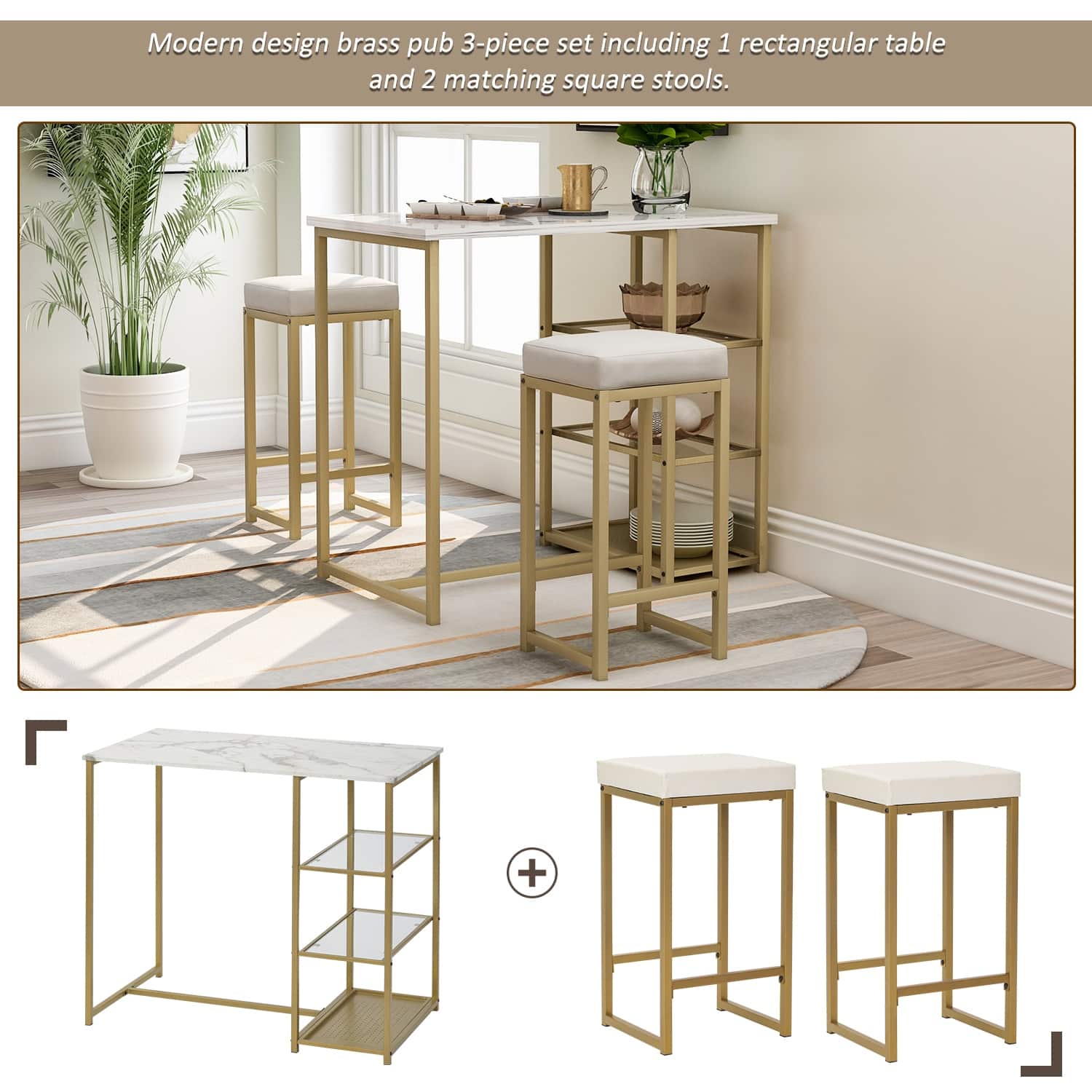 3-Piece Modern Design Brass Pub Set with Faux Marble Countertop & PU ...