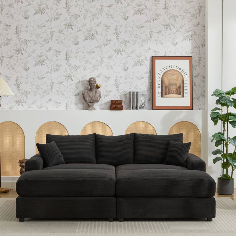 2 Pieces Corduroy Sectional Couch Cushion Covers with 2 Pillows, Black