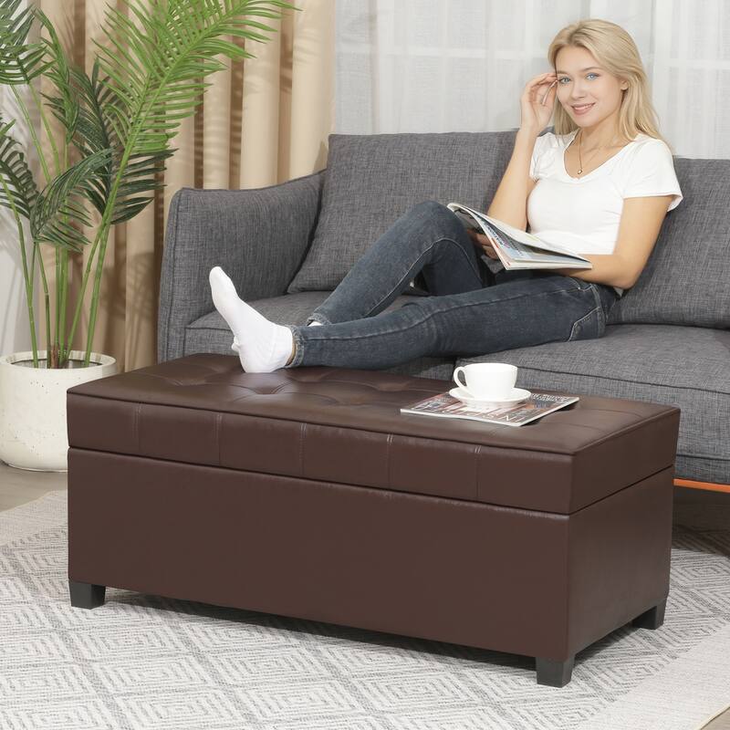 Adeco 40" Faux Leather Storage Ottoman Bench with Tufted Button - 40"X18.8"X16.5"