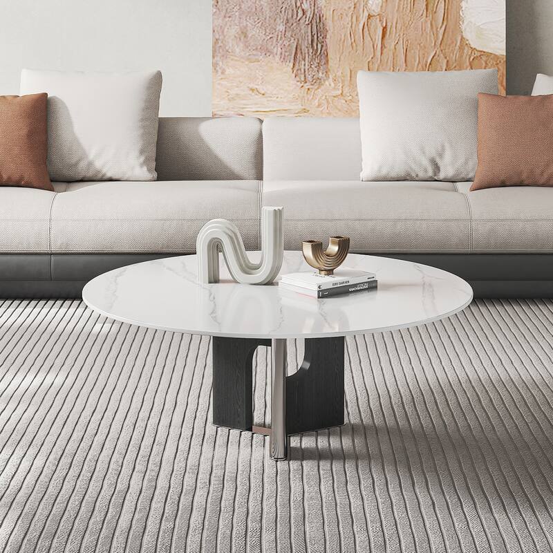 35.43” Modern Round Coffee Table, Glossy Sintered Stone Table top,Solid Wood Legs - Marble/Slate