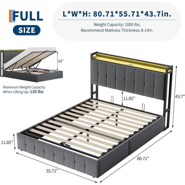 dimension image slide 0 of 12, Bed Frame with Lift Up Storage, Upholstered Velvet Platform Bed with Storage Headboard