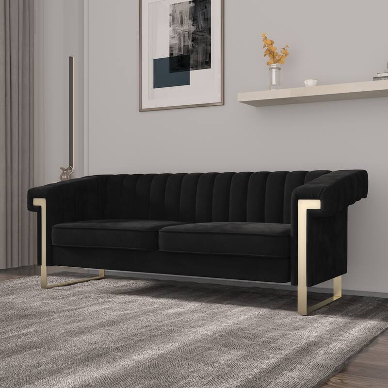 Takefuns Traditional Chesterfield Tufted Velvet Sofa, Couch with Removable Cushions and Gold Legs