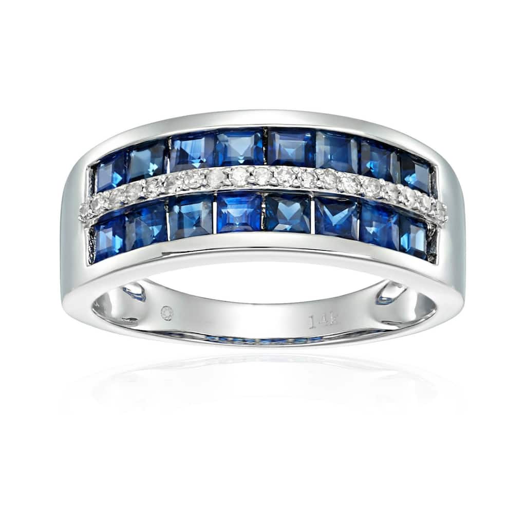 14k White Gold Blue Sapphire and Diamond Wedding Band