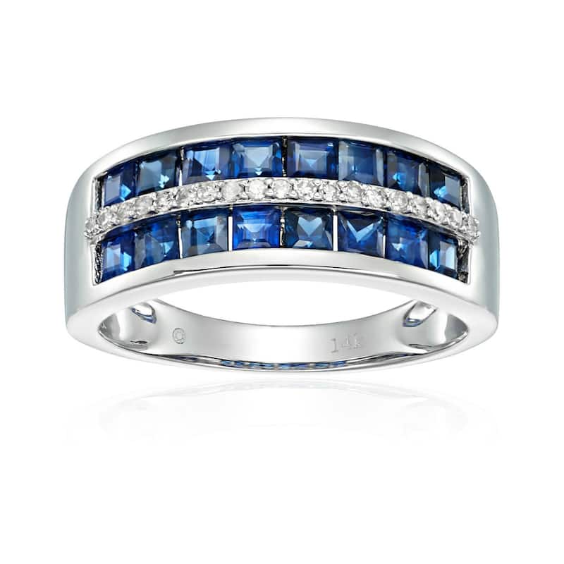 14k White Gold Blue Sapphire and Diamond Wedding Band - 7