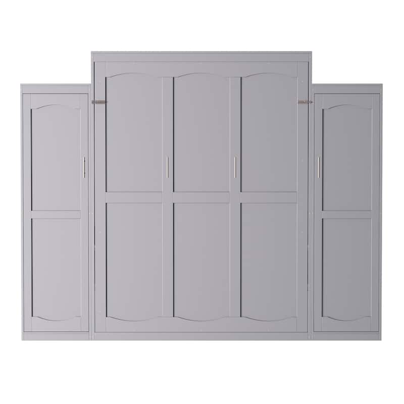 Queen Size Wood Murphy Bed with 2 Wardrobe and Storage Shelf