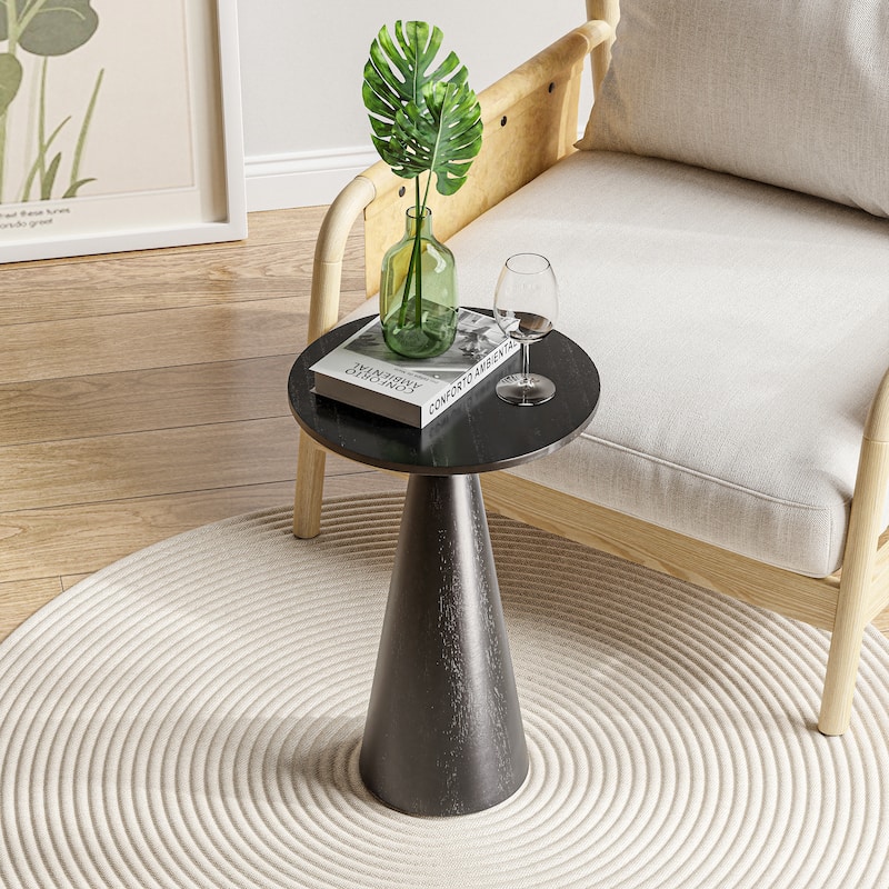 COZAYH Farmhouse Pedestal End Table, Round Martini Table Wood Plant Stand Rustic Small Drink Table for Living Room, Bedroom - Smooth Cone - Black
