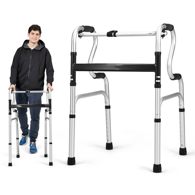 Costway One-button Folding Walker Aluminum Walking Frame w/ Adjustable - See Details - Silver