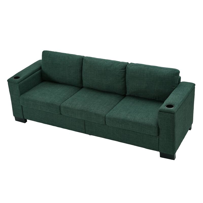 Fabric Upholstered 3 Seater Sofa, Lounge Sofa with Square Arm, Oversized Deep Seat Sofa with Storage & Cup Holders