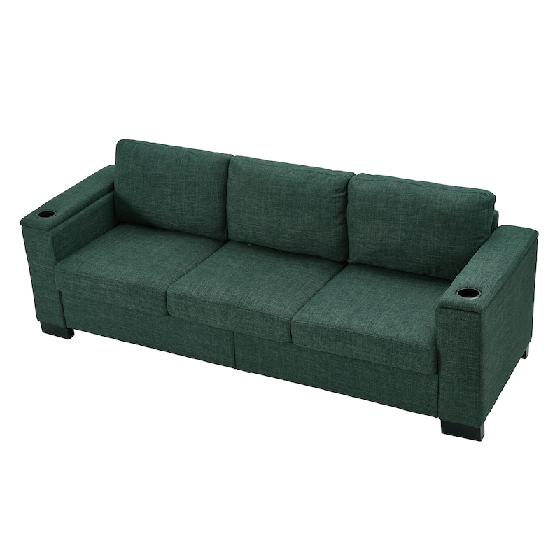 Roomfitters 93.7" Modern Sofa with Square Armrests, Upholstered Fabric Couch with Cup Holder and Storage for Living Room
