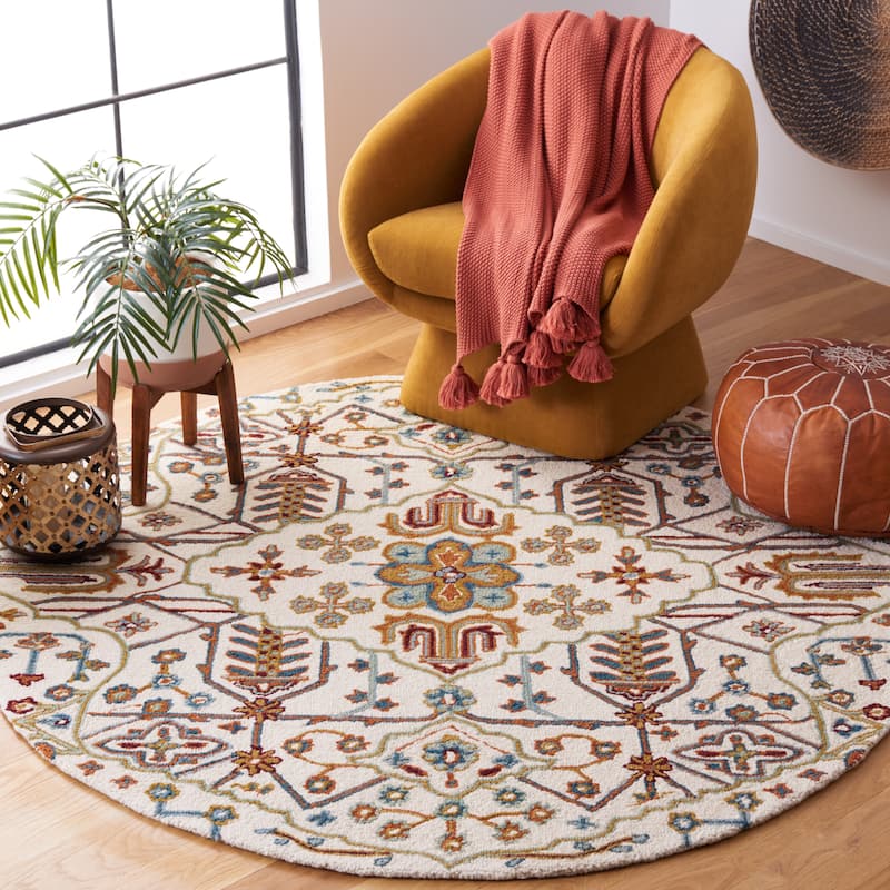 SAFAVIEH Handmade Heritage Snjolaug Floral Wool Rug - 8' Round - Ivory/Grey