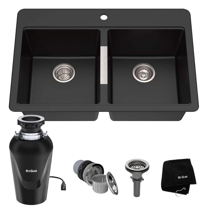 KRAUS Granite 33 inch 2-Bowl Undermount Drop-in Kitchen Sink - Black - 33" x 22" (sink KGD-433B) w/ Garbage Disposal