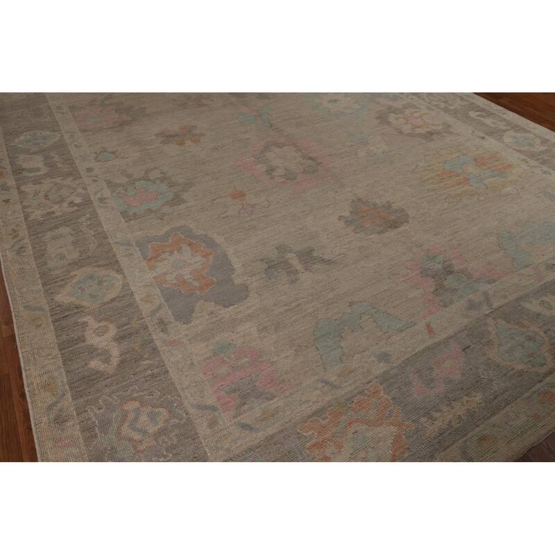 Vegetable Dye Oushak Turkish Area Rug Hand-Knotted Beige Wool Carpet - 9'3"x 12'5"