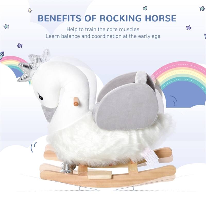 Kids Rocking Swan Toy Plush Seat Wooden Base Interactive Sound for Toddlers Ages 18 to 36 Months - 23.6" L x 13" W x 23.2" H