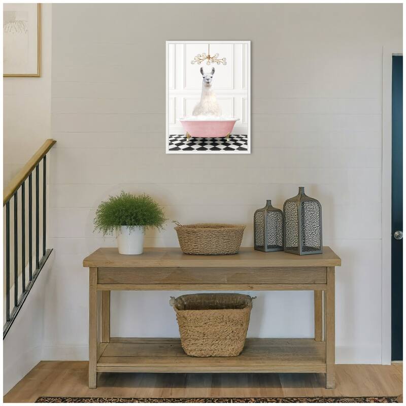 Kate and Laurel Sylvie Llama in Pink Bathtub on Checker Floor Framed Canvas by Amy Peterson
