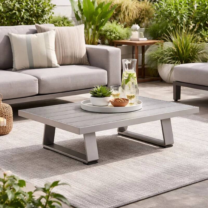 Xia 48 Inch Outdoor Coffee Table, Gray Aluminum Frame, Plank Style Tabletop