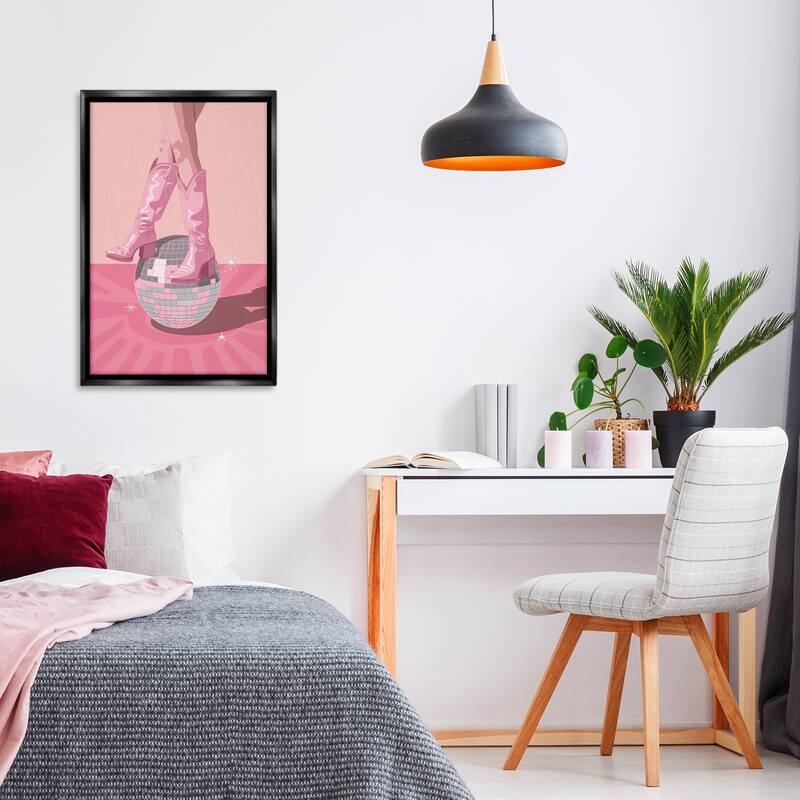 Stupell Pink Disco Cowgirl Balancing Framed Floater Canvas Wall Art Design By LSR Design Studio
