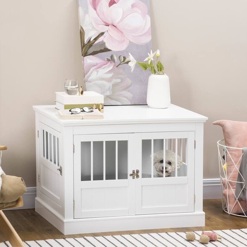 Triple Doors Dog Crate End Table Wooden Dog House Indoor Use Dog Cage with and Steel Tubes for Small Dogs - White