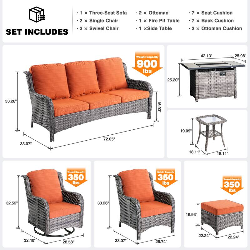 OVIOS 9-piece Patio Wicker Swivel Rocking Chair Set With Fire Pit