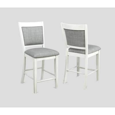 Farmhouse Style 2Pc White & Gray Linen Counter Height Chair Bar Stool Footrest Wooden Furniture