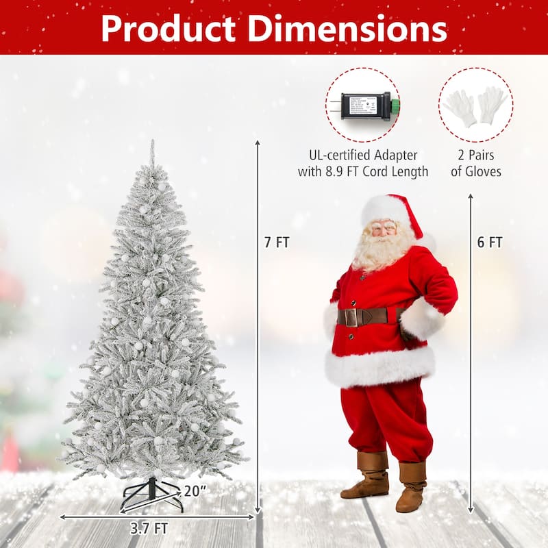 Gymax 6/7/8 FT Snow-flocked Artificial Christmas Tree w/51/65/81 - Green+White