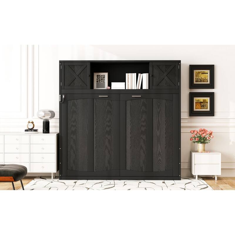 Full Size Murphy Bed with Storage Cabinets in Black