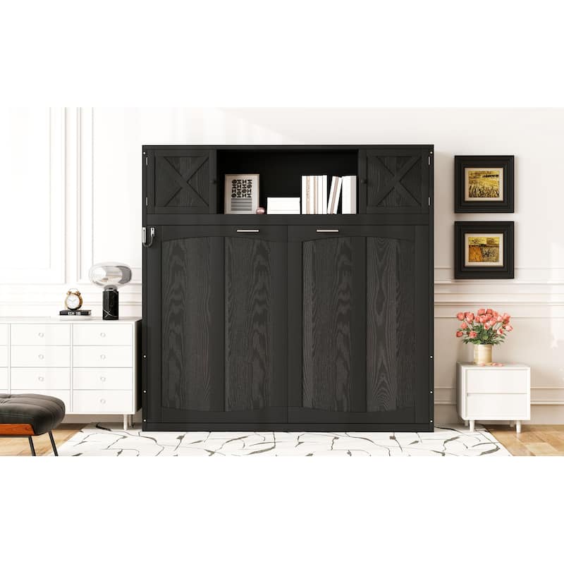 Full-Size Wall Bed Featuring Built-In Storage Cabinets, Black Finish