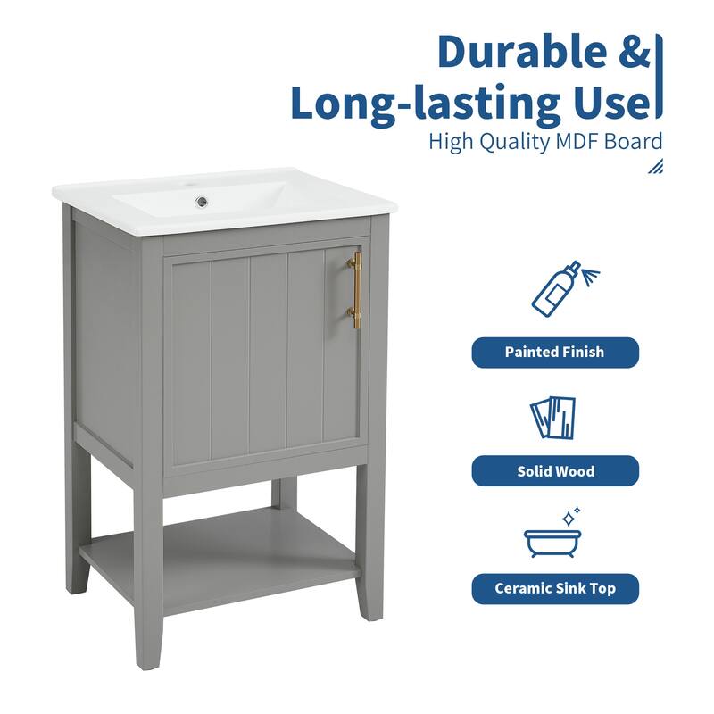 20" Modern Bathroom Vanity with Sink, Soft Close Door, Storage Rack & Open Shelf, Freestanding Cabinet