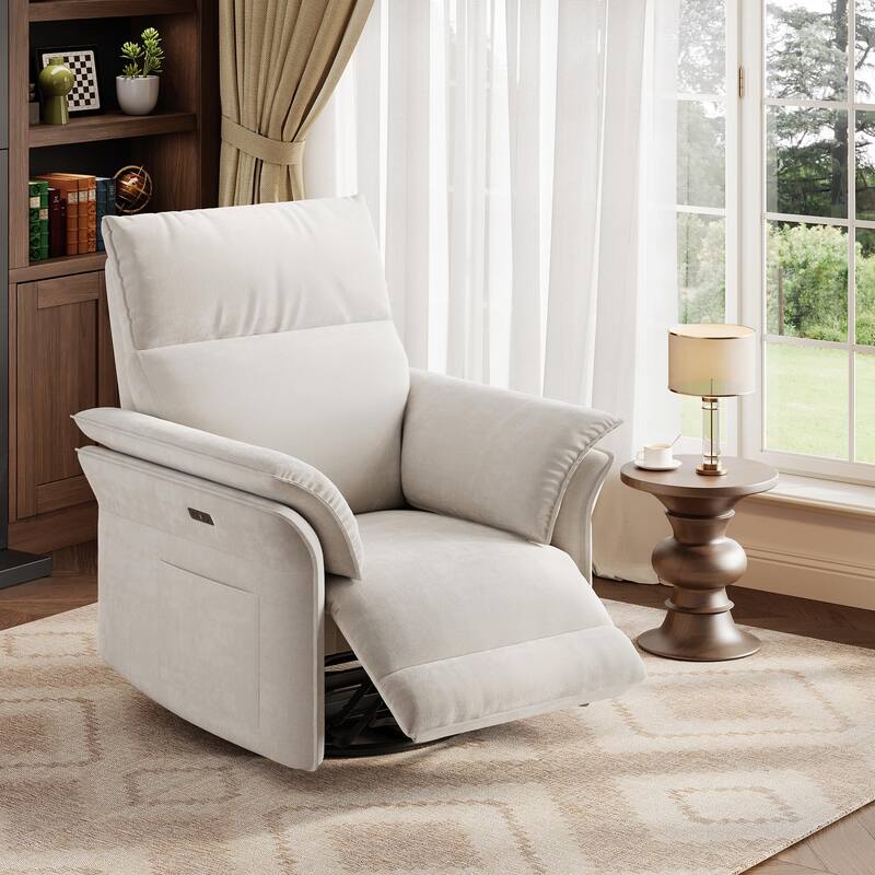 Power Recliner Chair Swivel Glider, Upholstered Faux Leather Nursery Reclining Sofa Chair with Charging Port - Beige